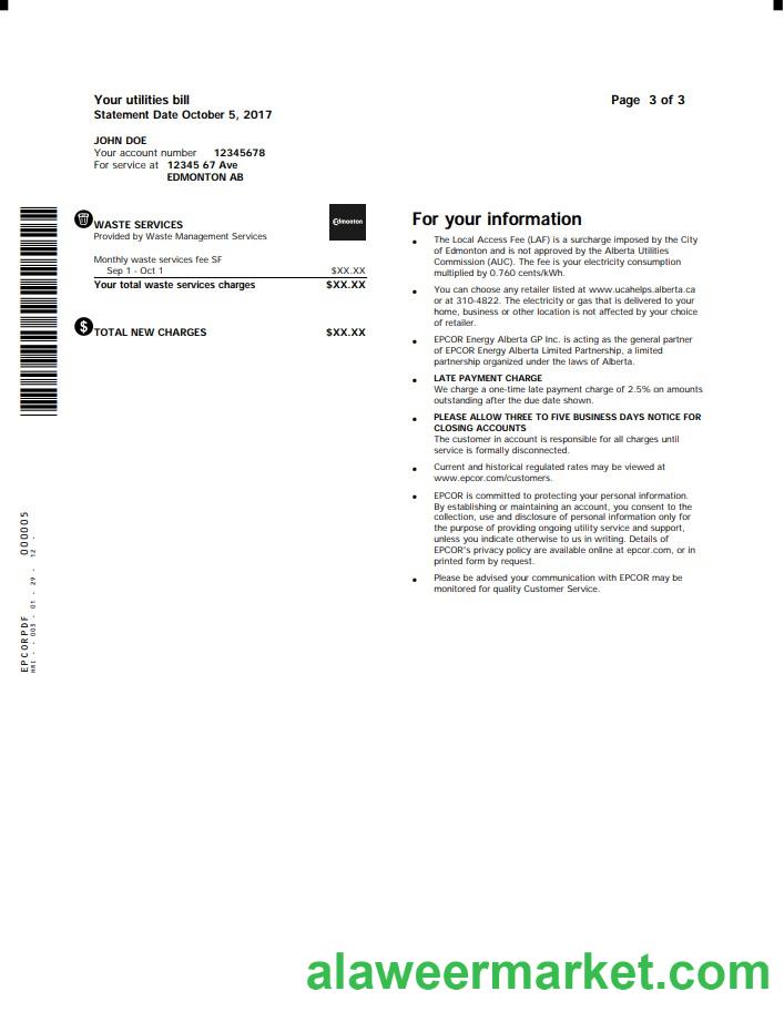 Canada Epcor electricity utility bill template in Word and PDF format, 3 pages 3